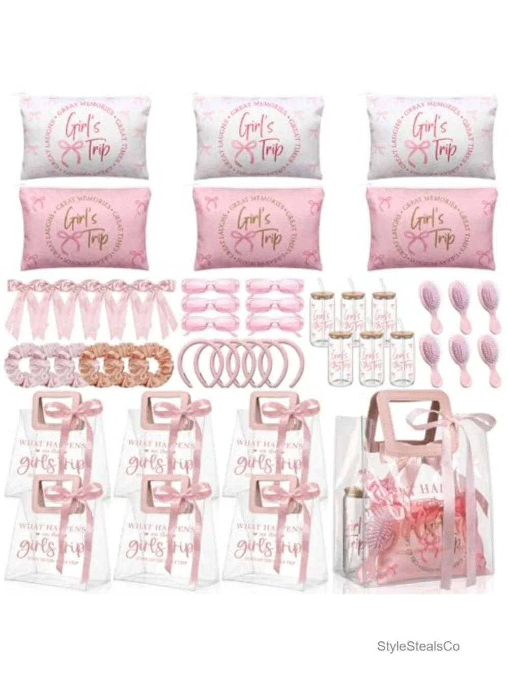48 Pcs Girls Trip Party Favors Set Clear Tote Bags Glass Cups Hair Accessories